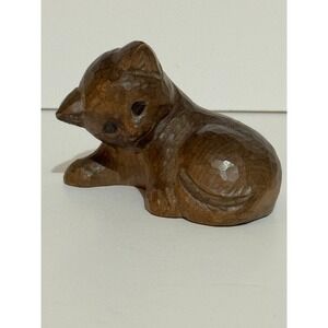 Vintage Hand Carved Wooden Cat Figurine Sitting Pose 8/76 Marked